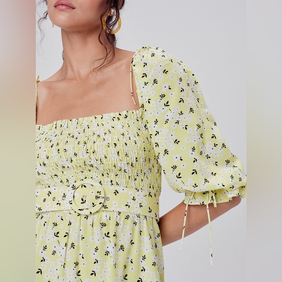 For Love & Lemons Chrysanthemum Mini Dress Lemonade Yellow Floral Medium - Picture 3 of 16